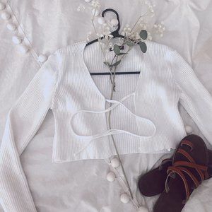 Cropped Ribbed White Cardigan - With Tie Front